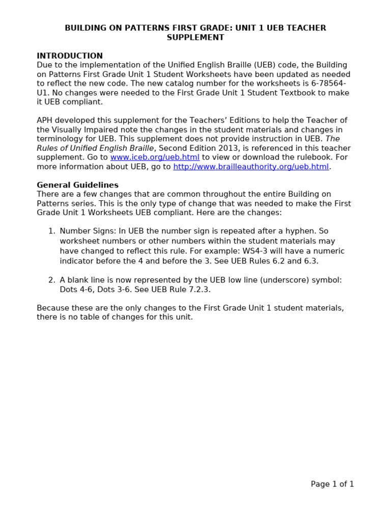 BOP First Grade Vol1 UEB Teacher Supplement | PDF