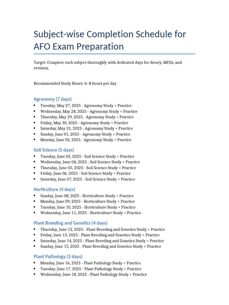 AFO Exam Preparation Schedule | PDF | Agronomy | Agriculture
