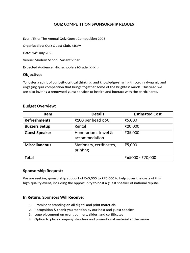 Quiz Competition Sponsership Request | PDF