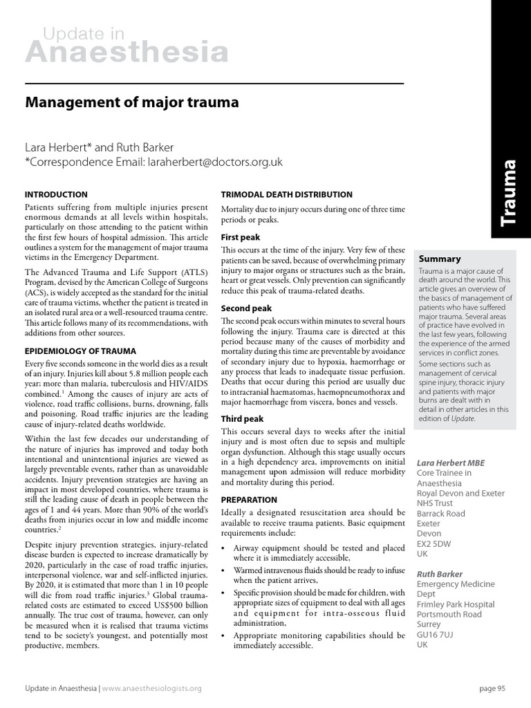 Major Trauma Management in Anaesthesia | PDF | Major Trauma | Shock ...