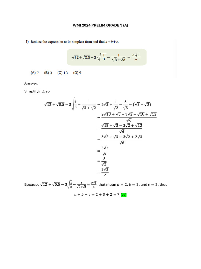 WMI 2024 Grade 9 Math Solutions | PDF | Geometry | Euclidean Geometry