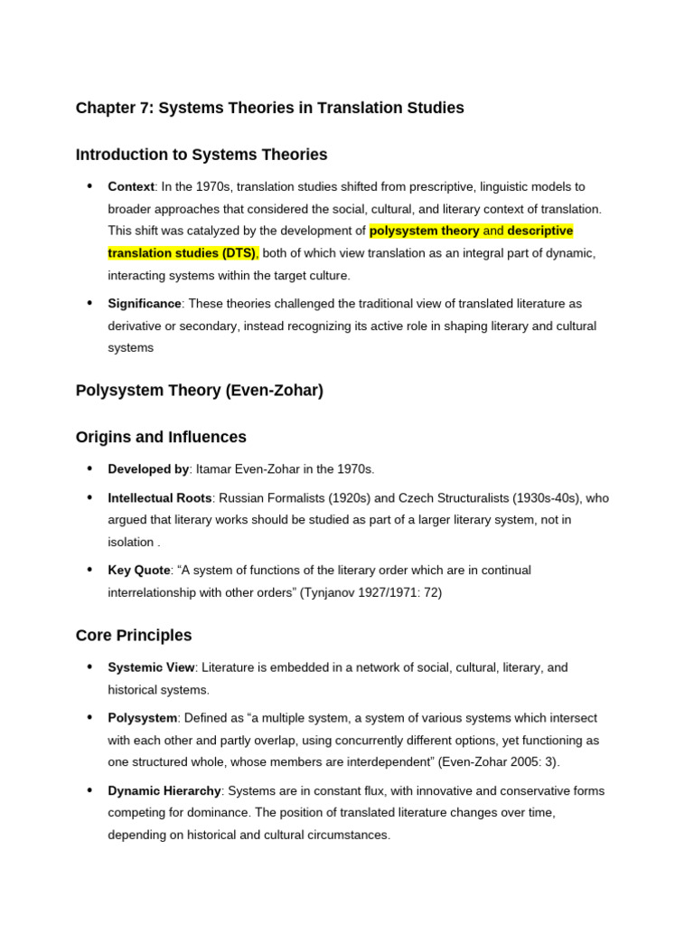 Polysystem Theory in Translation Studies | PDF | Translations | System