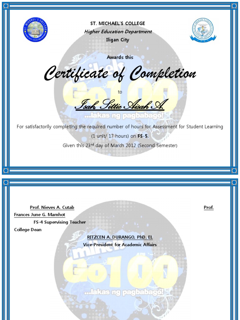 Certificate of Completion for Aisah Isah | PDF | Language Arts ...