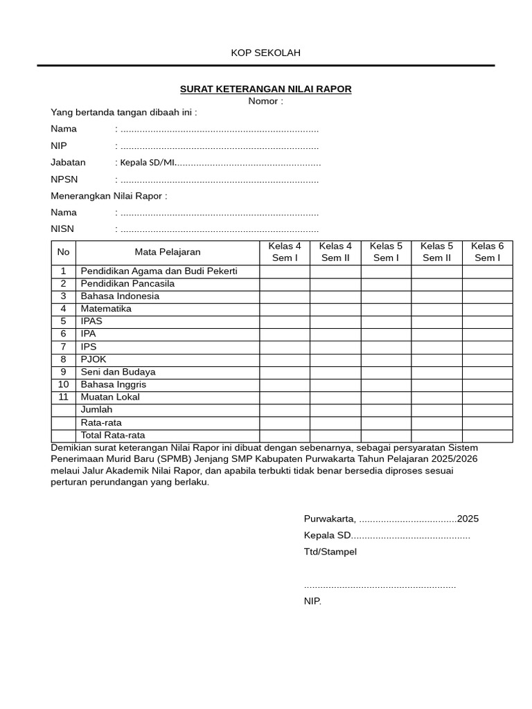 Surat Keterangan Nilai Rapor Siswa | PDF