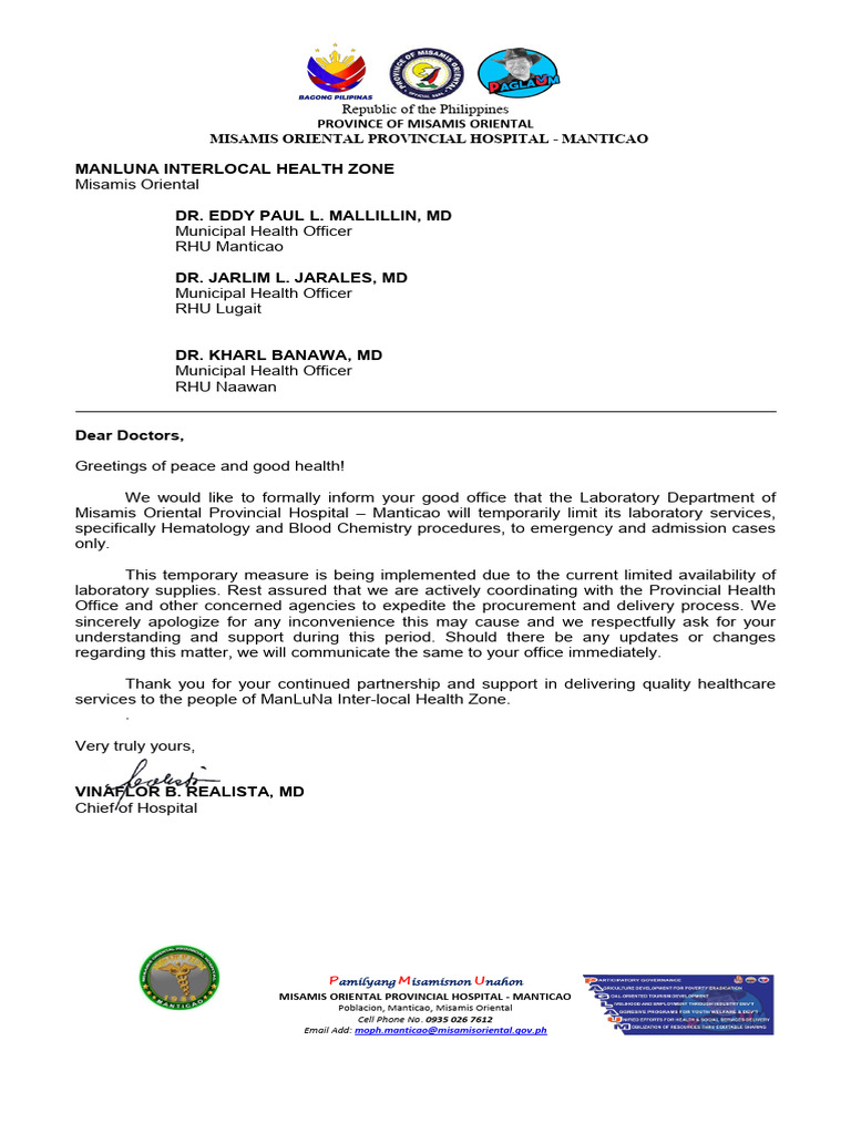MANLUNA Communication Letter - Laboratory Services | PDF