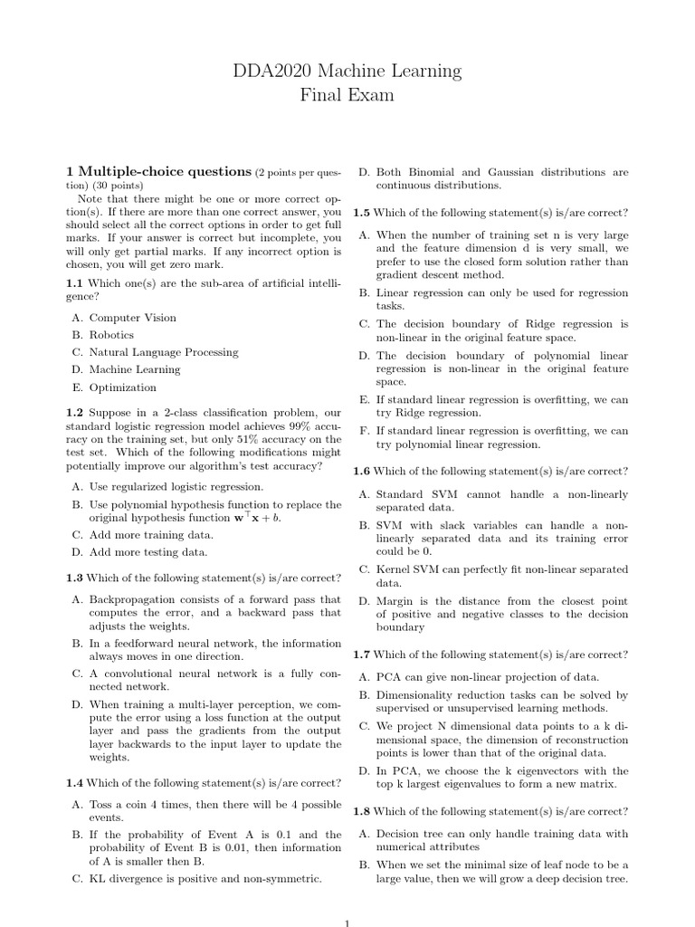 DDA2020 ML Final Exam Overview | PDF | Support Vector Machine ...