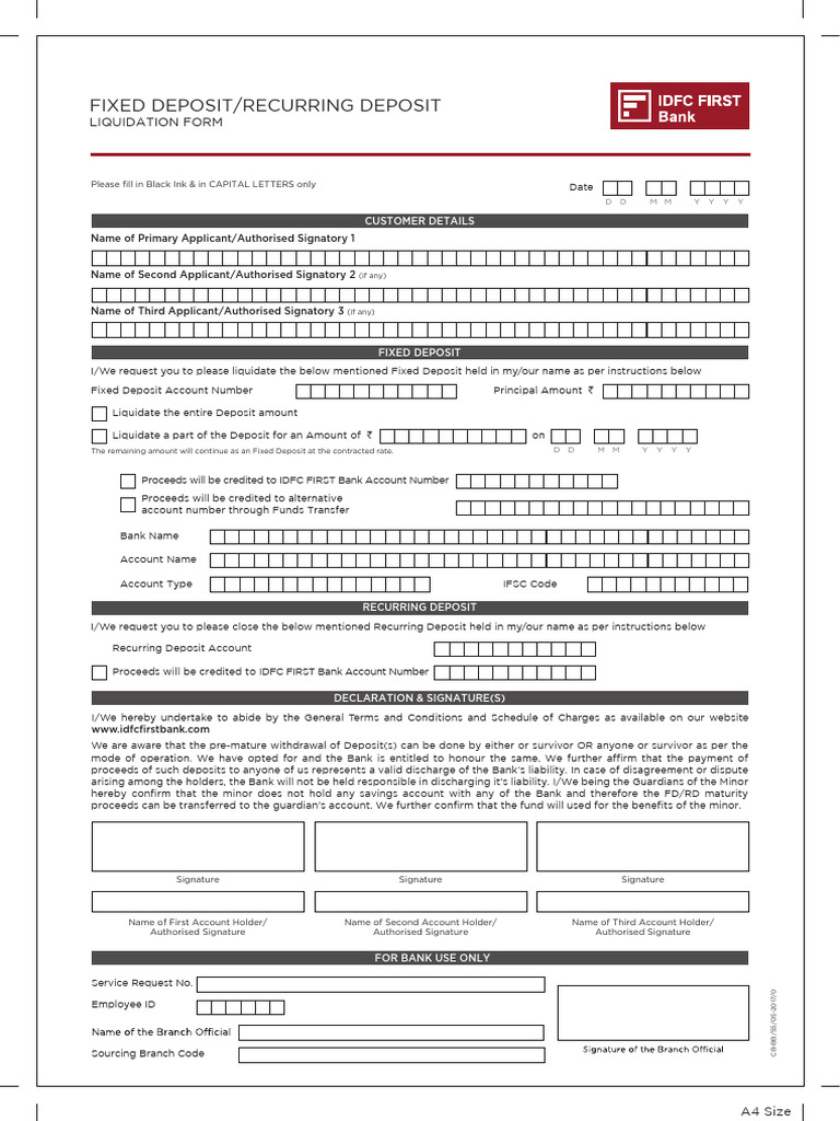 IDFC Fixed and Recurring Deposit Liquidation Form | PDF | Banks | Money