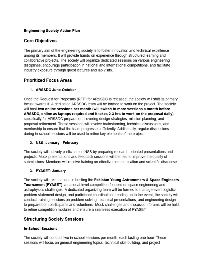 Engineering Society Action Plan Overview | PDF | Spacecraft Propulsion ...