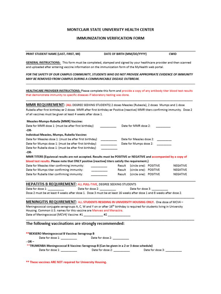 Montclair Immunization Verification Form | PDF | Measles | Vaccines