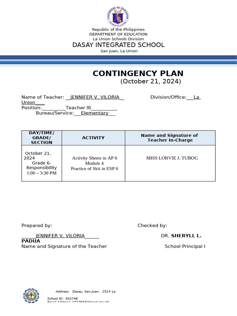 Dasay Integrated School Contingency Plan | PDF