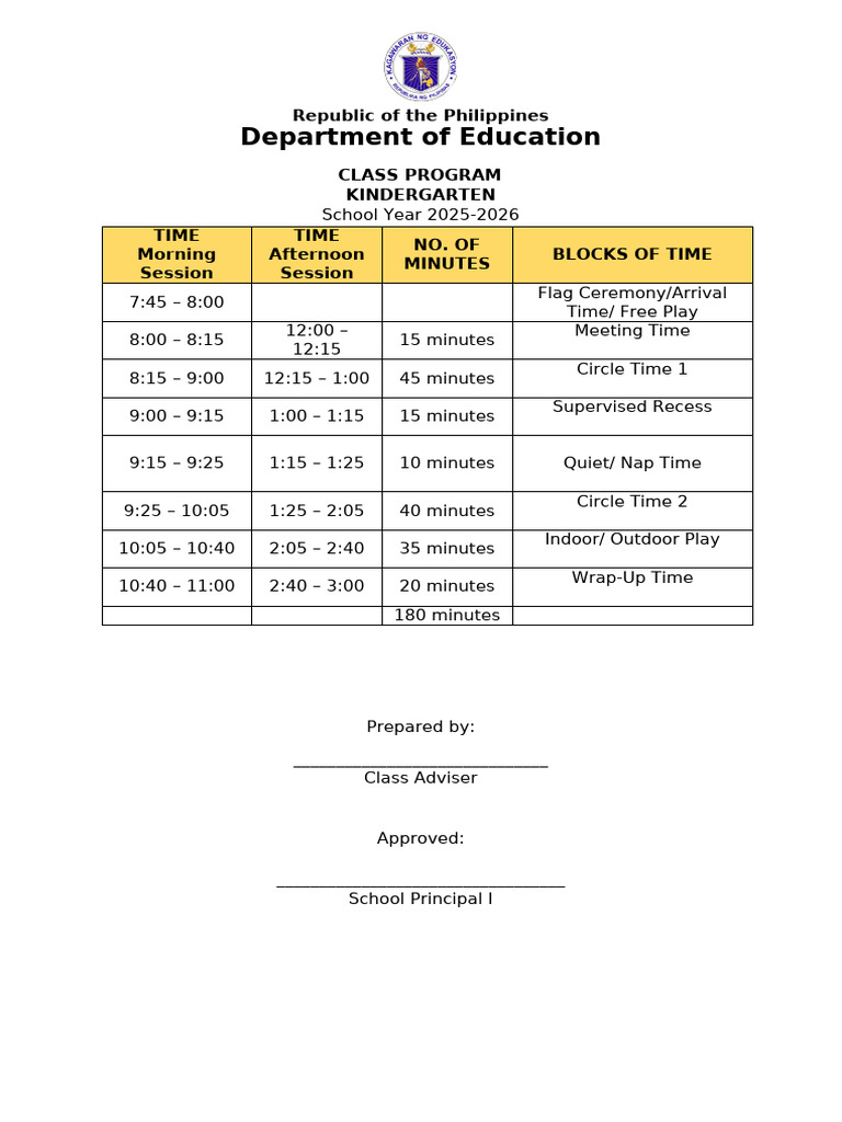 Kindergarten Class Program 2025-2026 | PDF