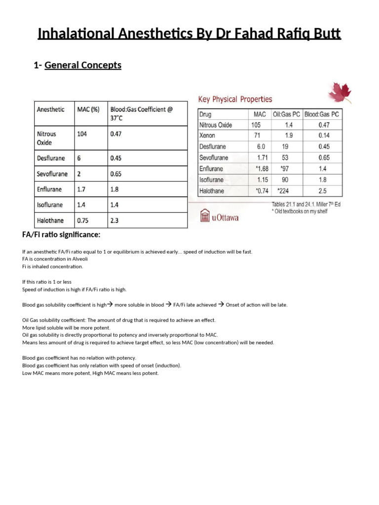FA/Fi Ratio in Inhalational Anesthesia | PDF | Breathing | Medical ...