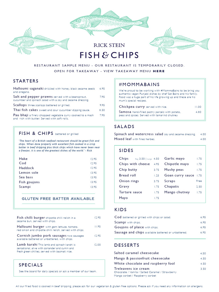 Stein's Fish and Chips Menu | PDF | French Fries | Thai Cuisine