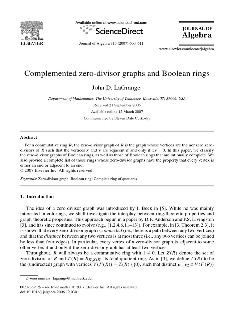 Complemented Zero-Divisor Graphs in Boolean Rings | PDF | Ring ...