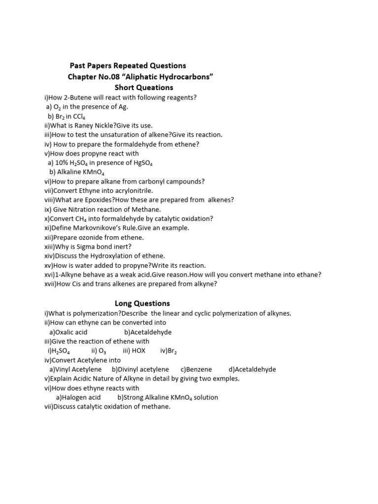 Aliphatic Hydrocarbons: Key Questions | PDF