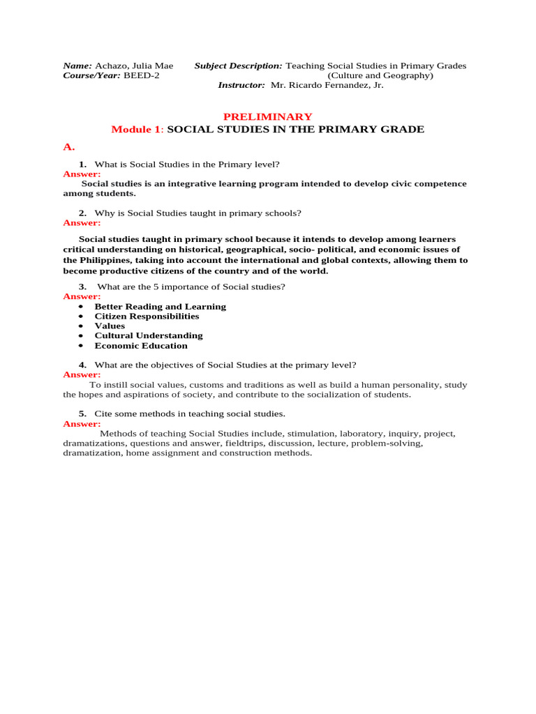 Teaching Social Studies in Primary Grades | PDF | Teachers | Lesson Plan