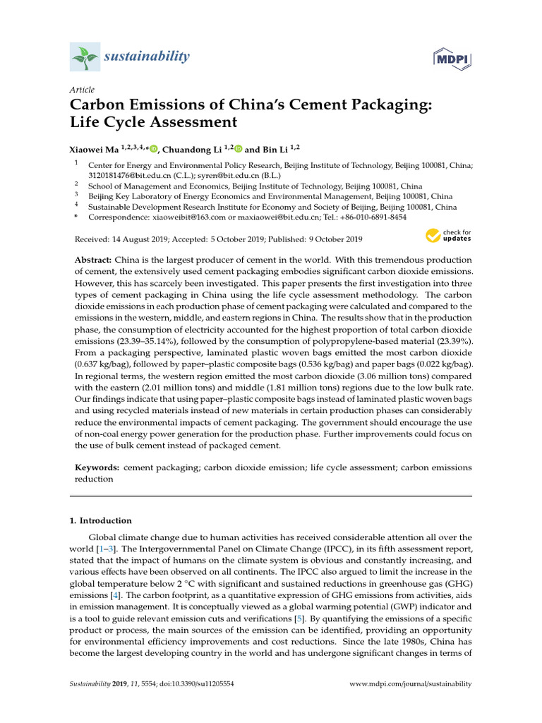 Carbon Emissions of Chinas Cement Packaging Life | PDF | Life Cycle ...