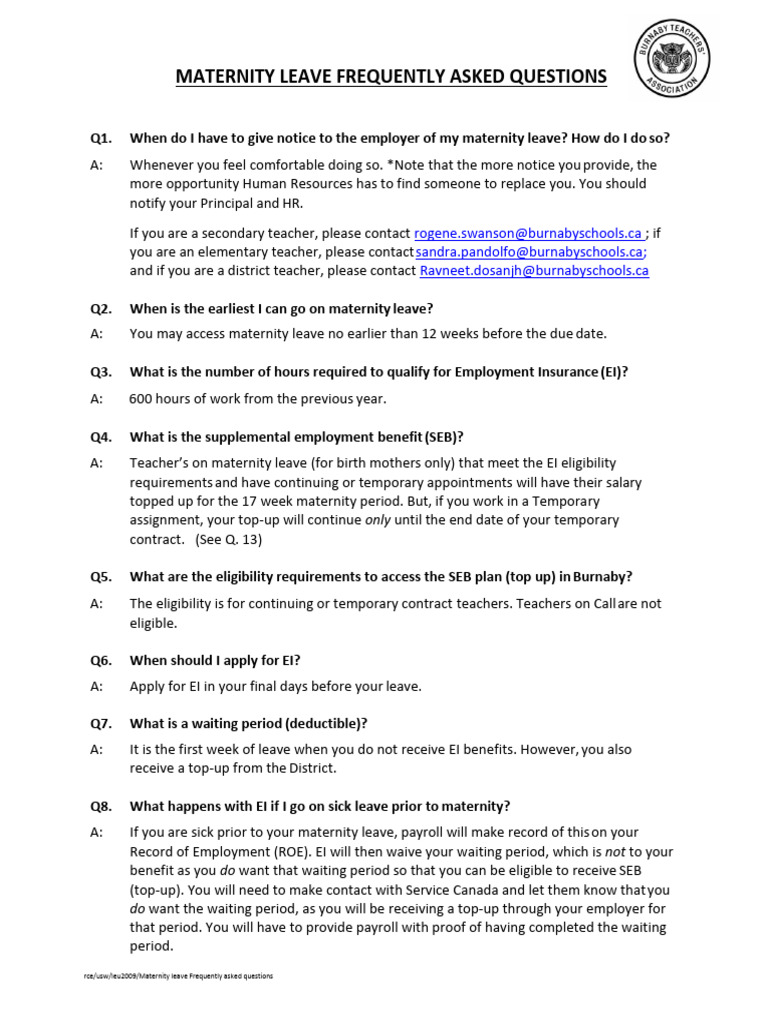2019 Maternity Leave Frequently Asked Questions 6 | PDF | Parental ...