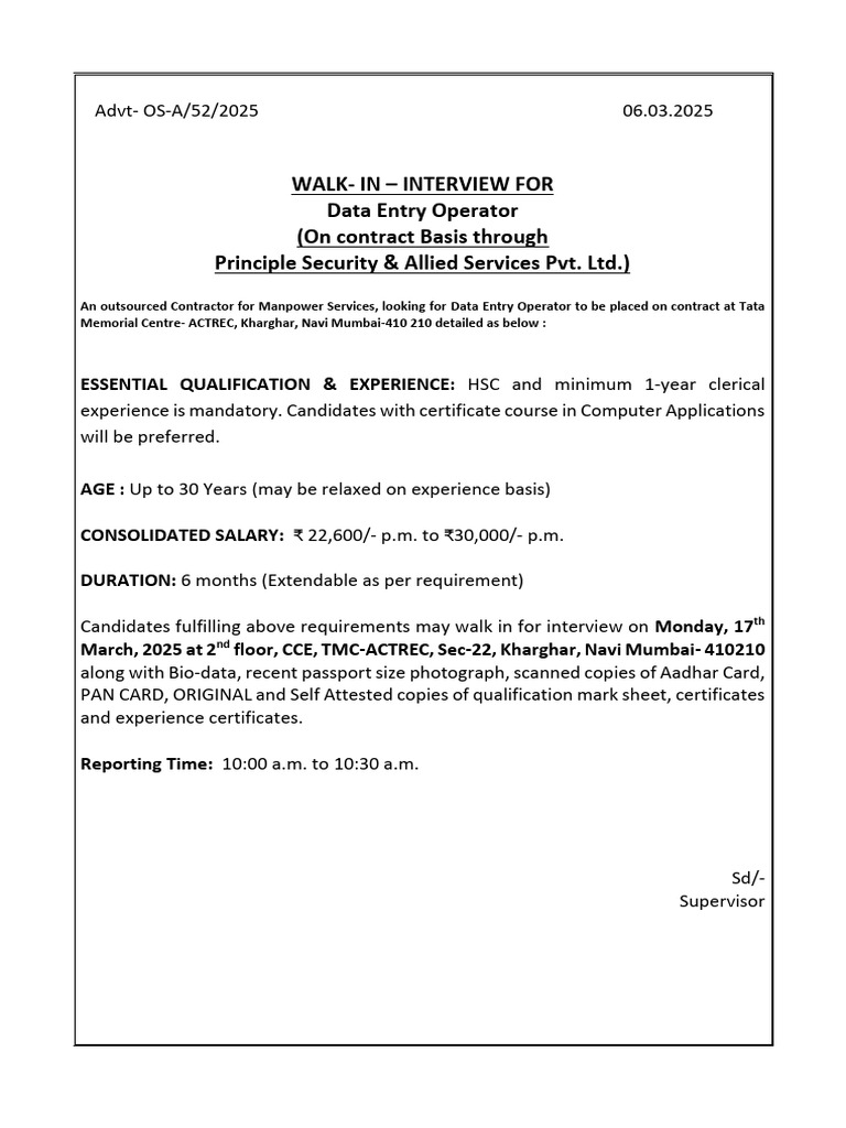 Walk-in Interview for Data Entry Operator | PDF