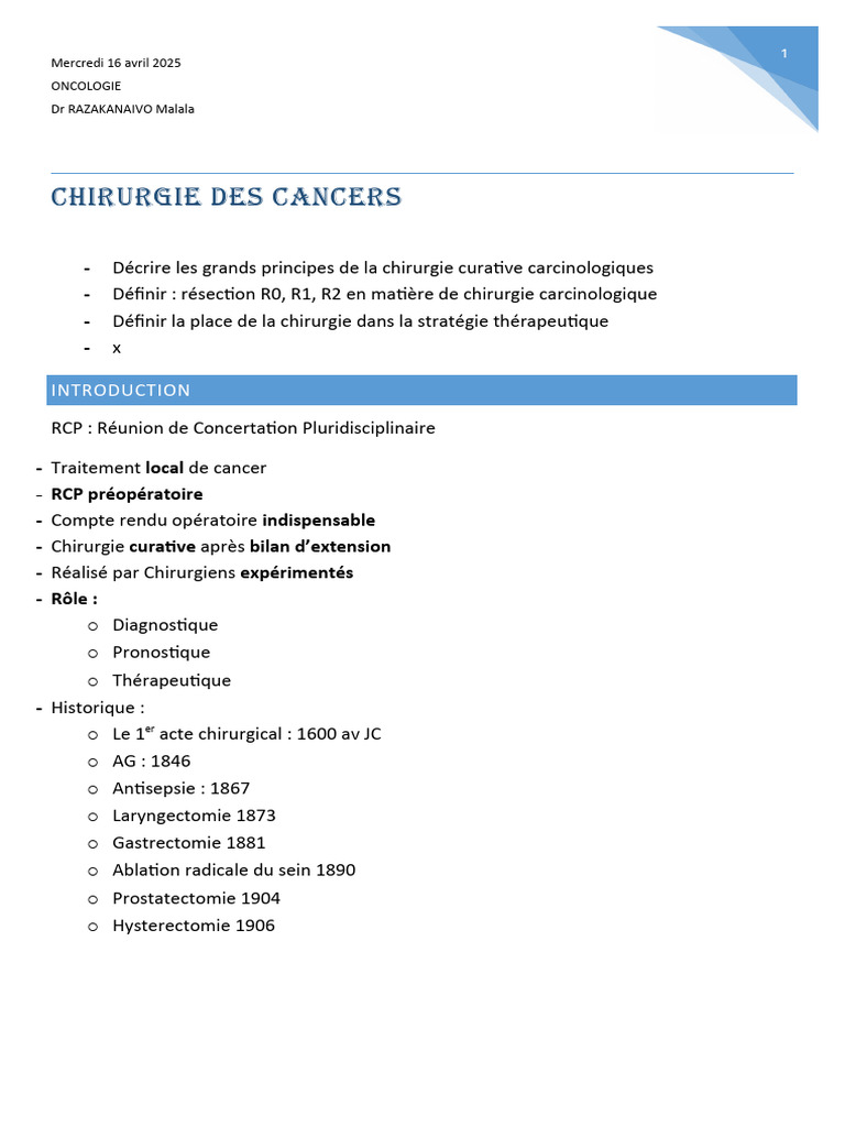 Chirurgie carcinologique : R0, R1, R2 | PDF | Oncologie | Cancer