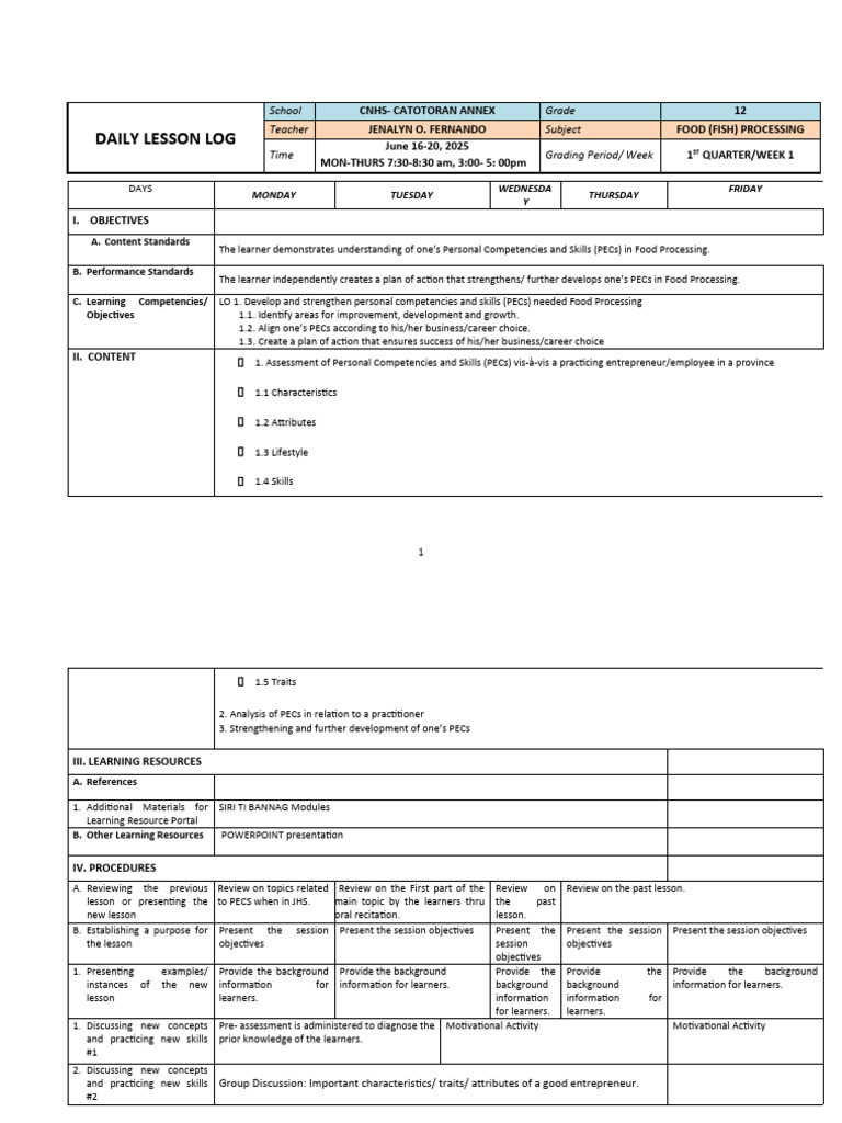Grade 12 Food Processing Lesson Plan | PDF | Learning | Cognition