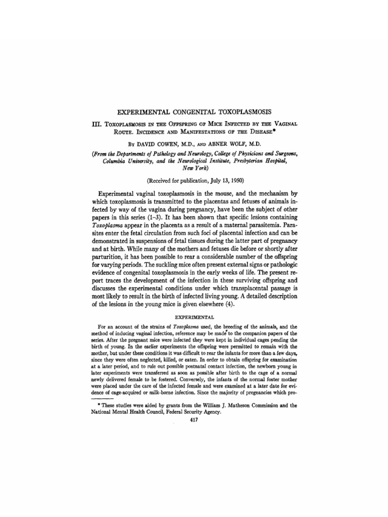 Experimental Congenital Toxoplasmosis | PDF | Fetus | Placenta