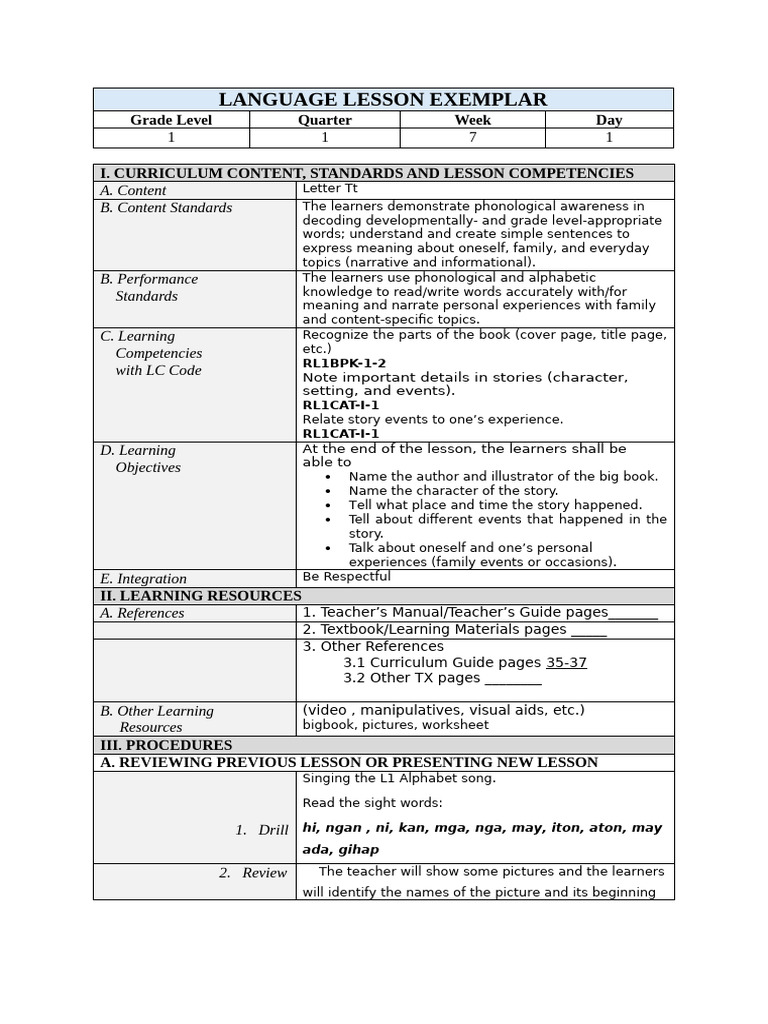 Grade 1 Language Lesson Plan: Letter Tt | PDF | Learning | Human ...