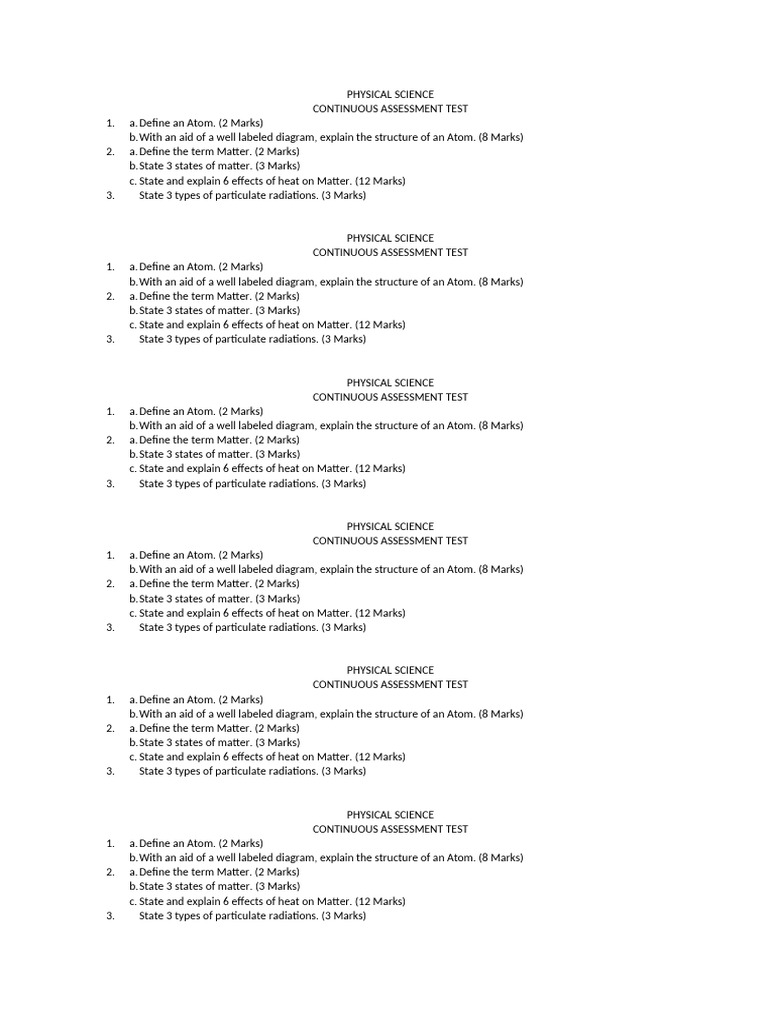 Physical Science Assessment Test Guide | PDF | Matter | Heat