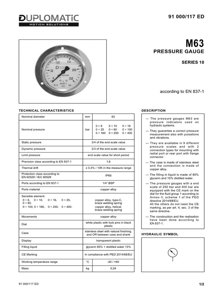M63 Pressure Gauge Specifications EN 837-1 | PDF | Pressure Measurement ...
