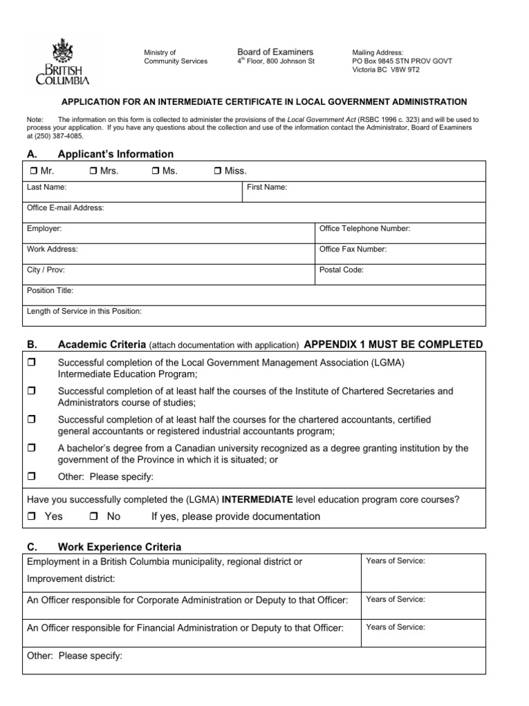 Application For An Intermediate Certificate in Local Government ...