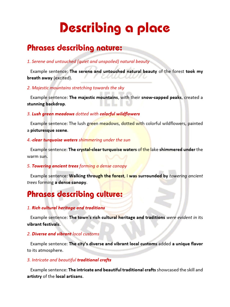 Descriptive Phrases for Place Writing | PDF | Cooking | Food And Drink ...