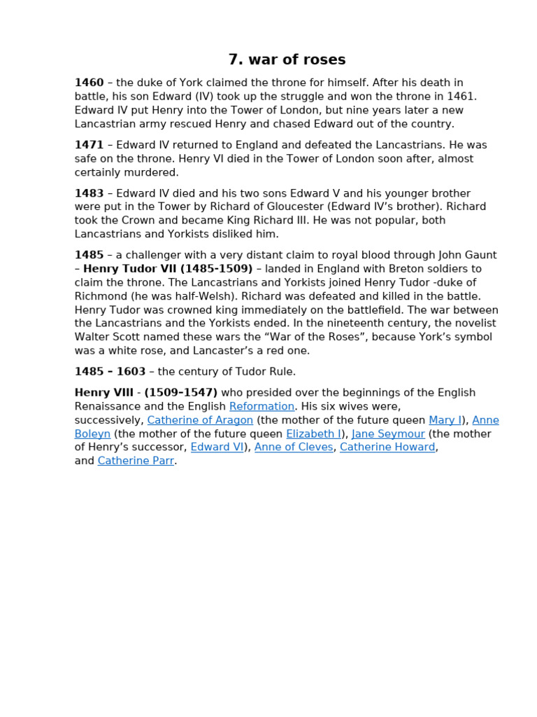 War of the Roses Overview: Key Events | PDF