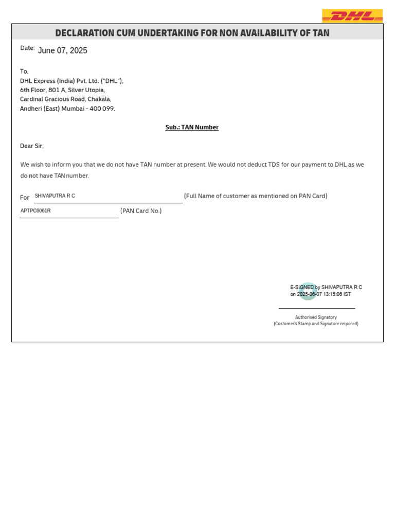 Esc - Declaration Cum Undertaking For NA | PDF