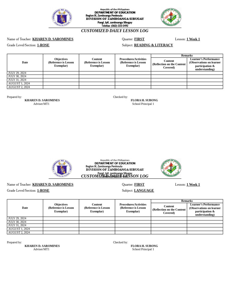 Customized Daily Lesson Log for Grade 1 | PDF | Learning | Human ...