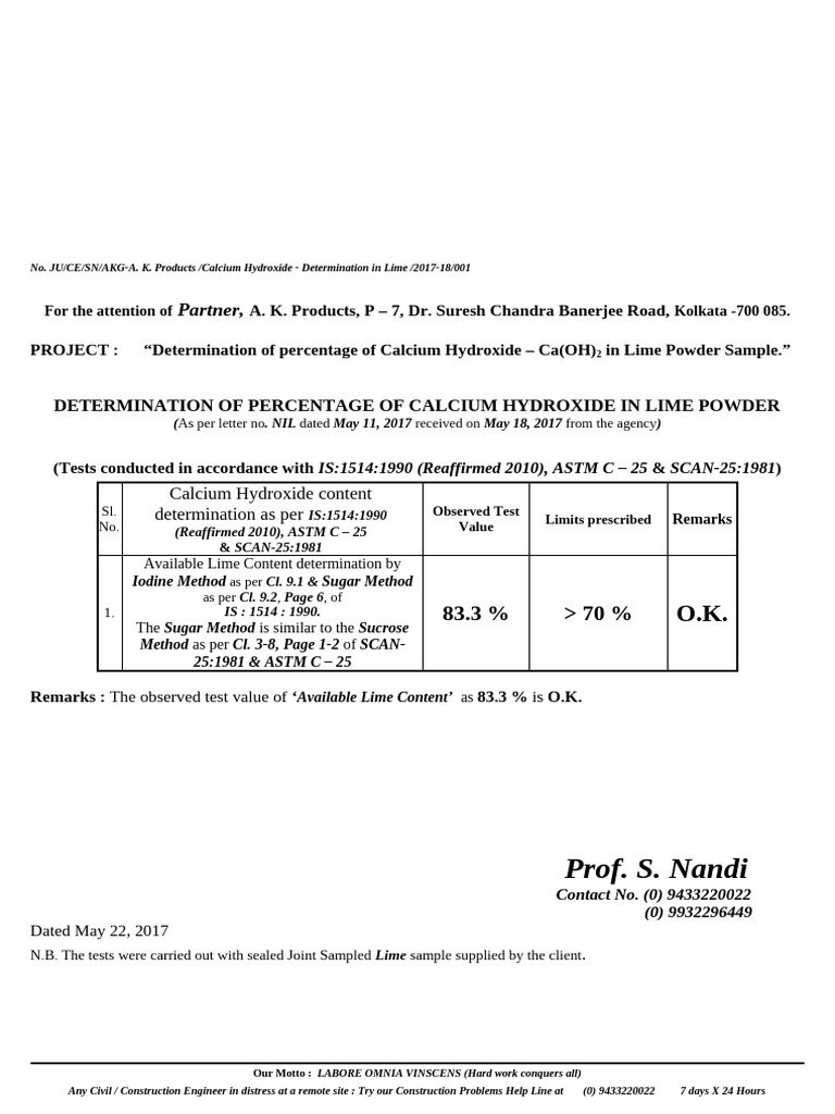 Calcium Hydroxide Analysis Report | PDF