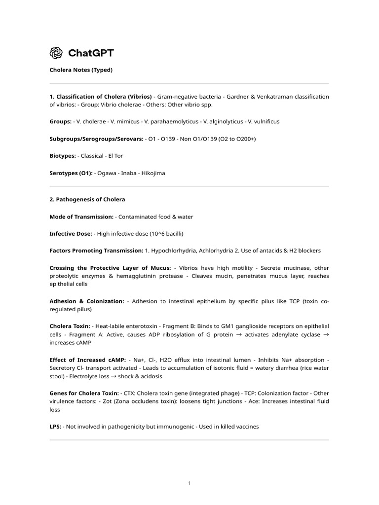 Cholera Overview and Management Notes | PDF | Cholera | Immunology