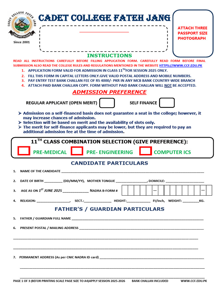 Cadet College Fateh Jang Admission Form 2025 | PDF | Government And ...