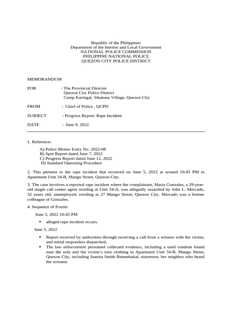 Quezon City Rape Incident Progress Report | PDF | Arrest | Police