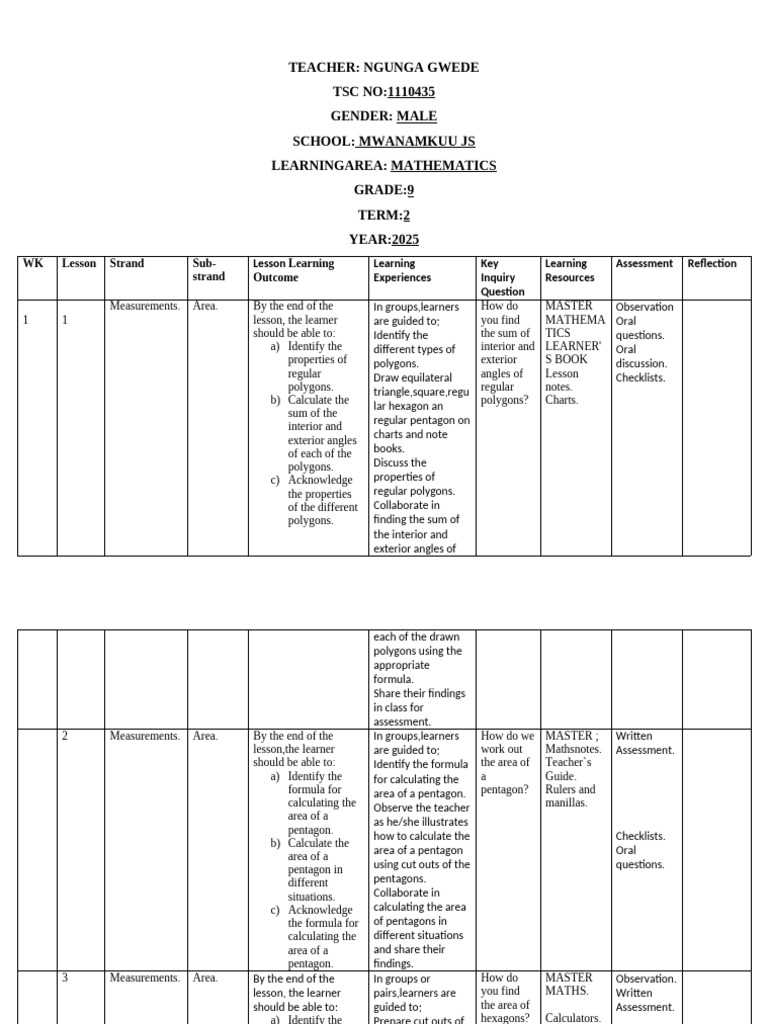 Grade 9 Mathematics Lesson Plans | PDF | Area | Volume