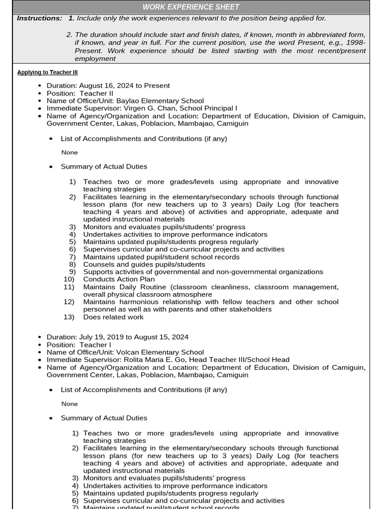 Teacher III Work Experience Sheet | PDF | Teachers | Behavior Modification