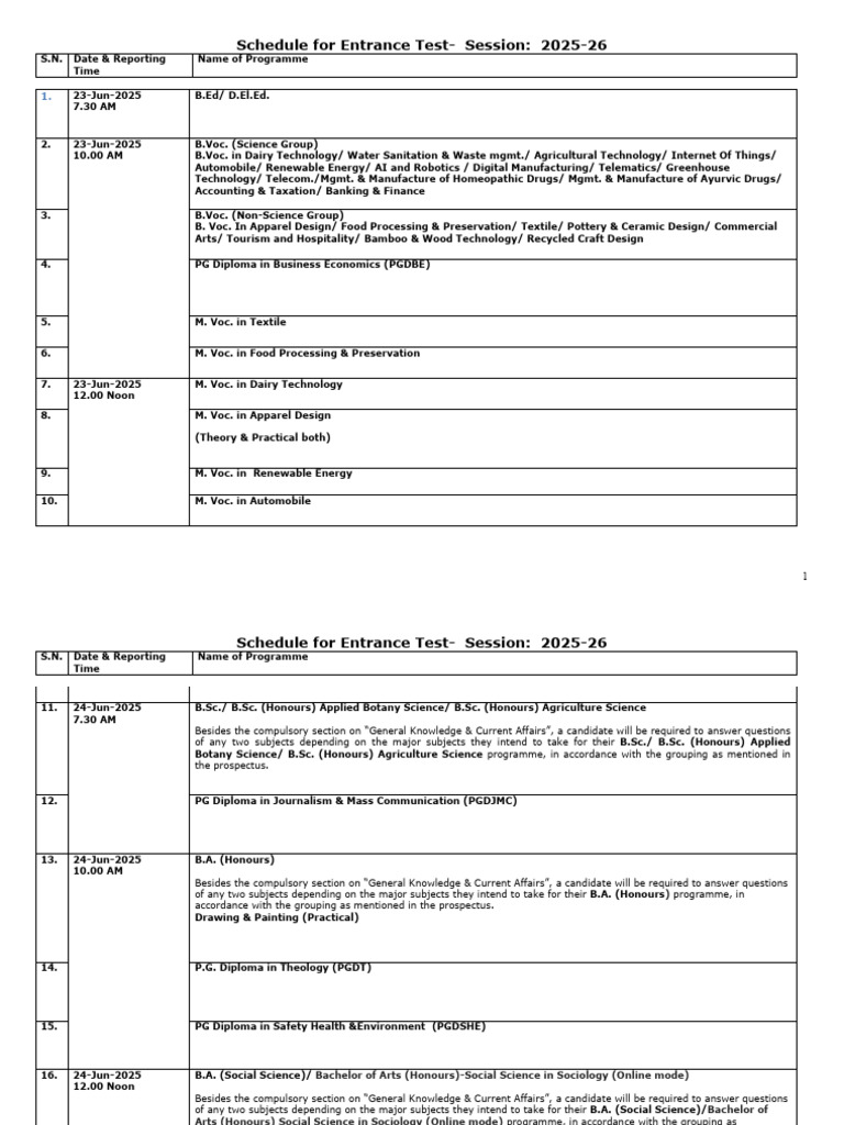 Entrance Test Schedule 2025-26 | PDF | Bachelor Of Arts | Social Sciences
