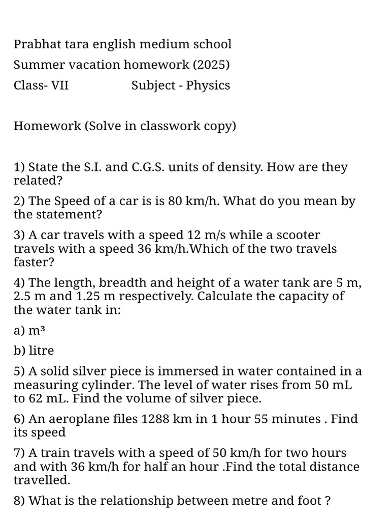 Class VII Physics Summer Homework 2025 | PDF