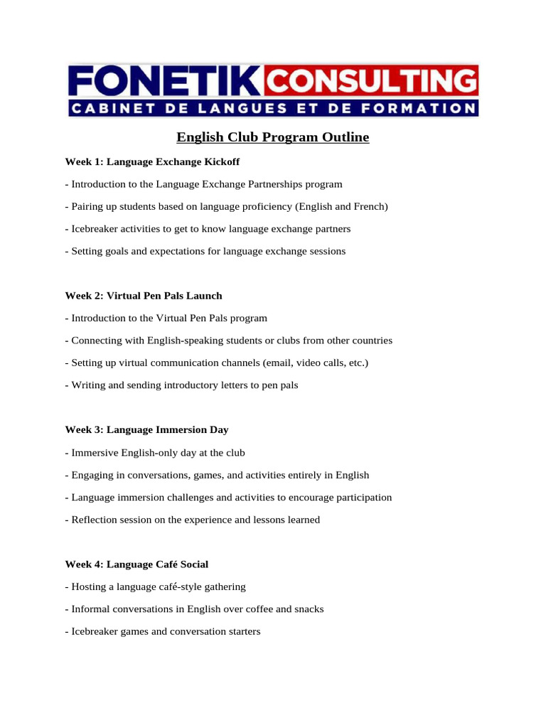 English Club Program Outline | PDF | Public Speaking | English Language