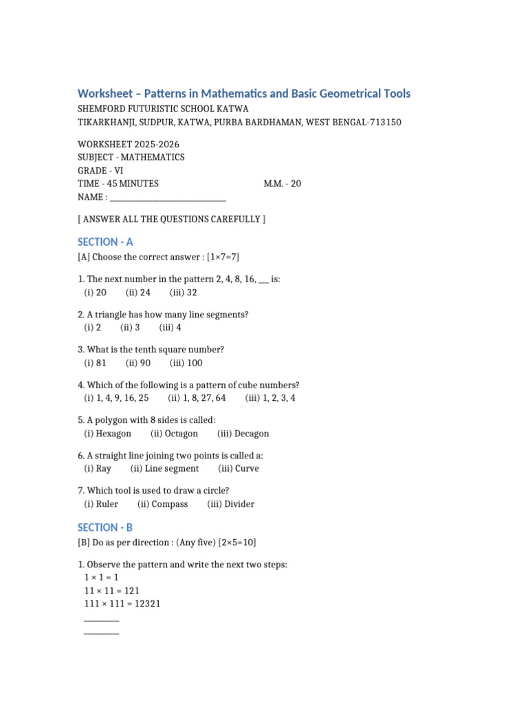 Math Patterns and Geometry Worksheet VI | PDF