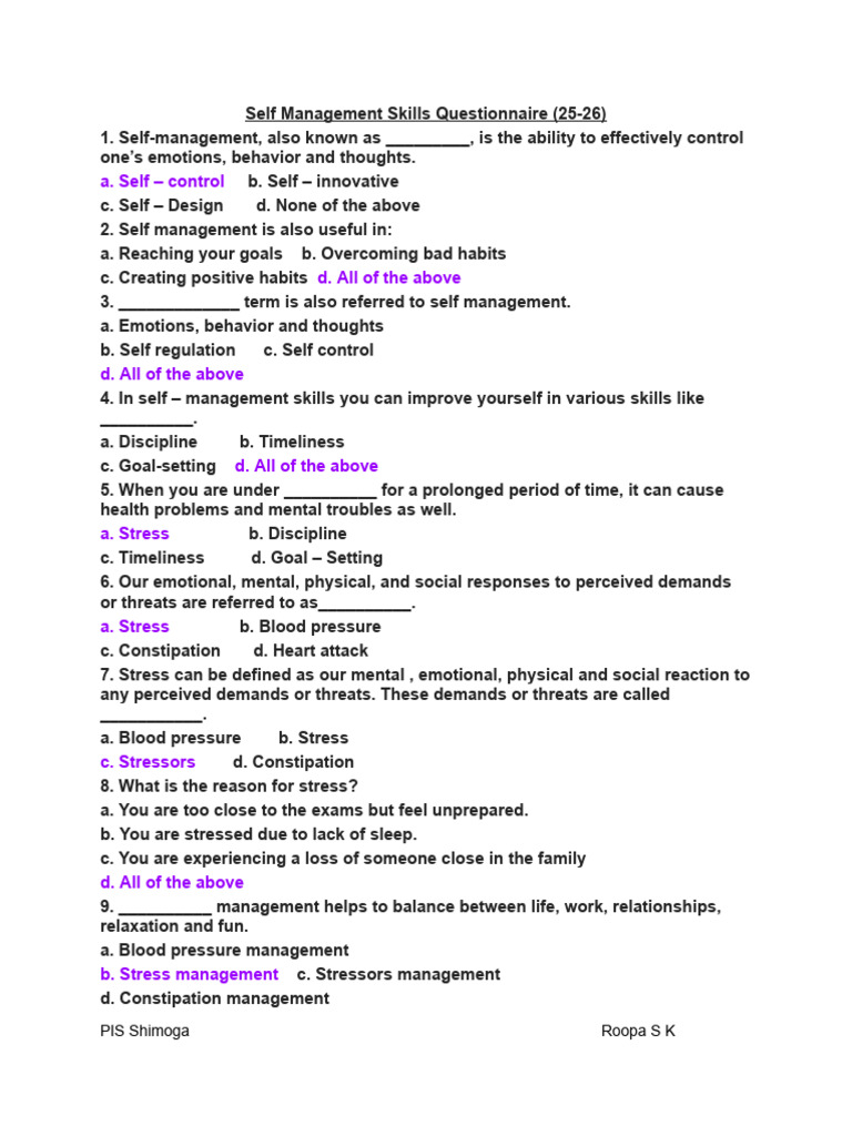 Self Management Skills Questionnaire | PDF | Stress (Biology) | Goal