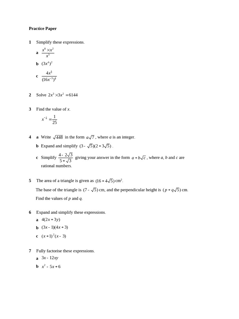 Math Practice Paper: Expressions & Equations | PDF