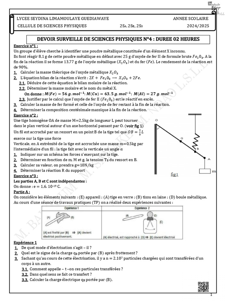 Devoir de Sciences Physiques N°4 | PDF | Goutte (physique) | Métaux