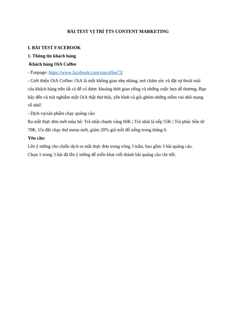 CA - Bài Test TTS Content Marketing | PDF
