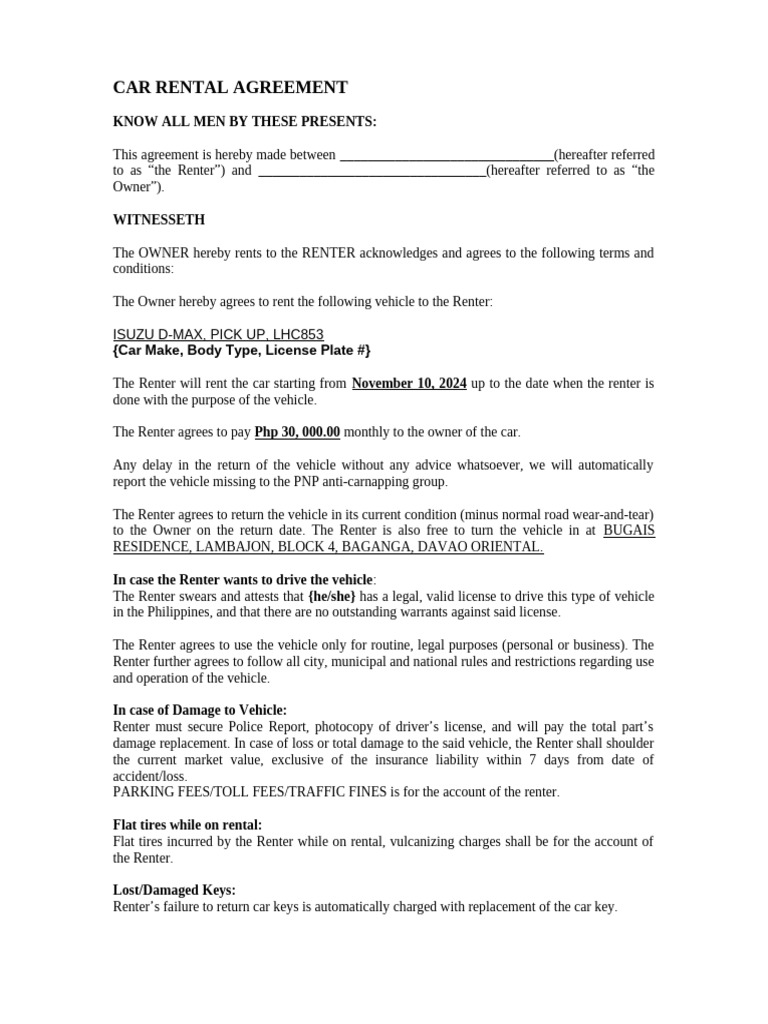 Car Rental Agreement Terms | PDF | Renting | Indemnity