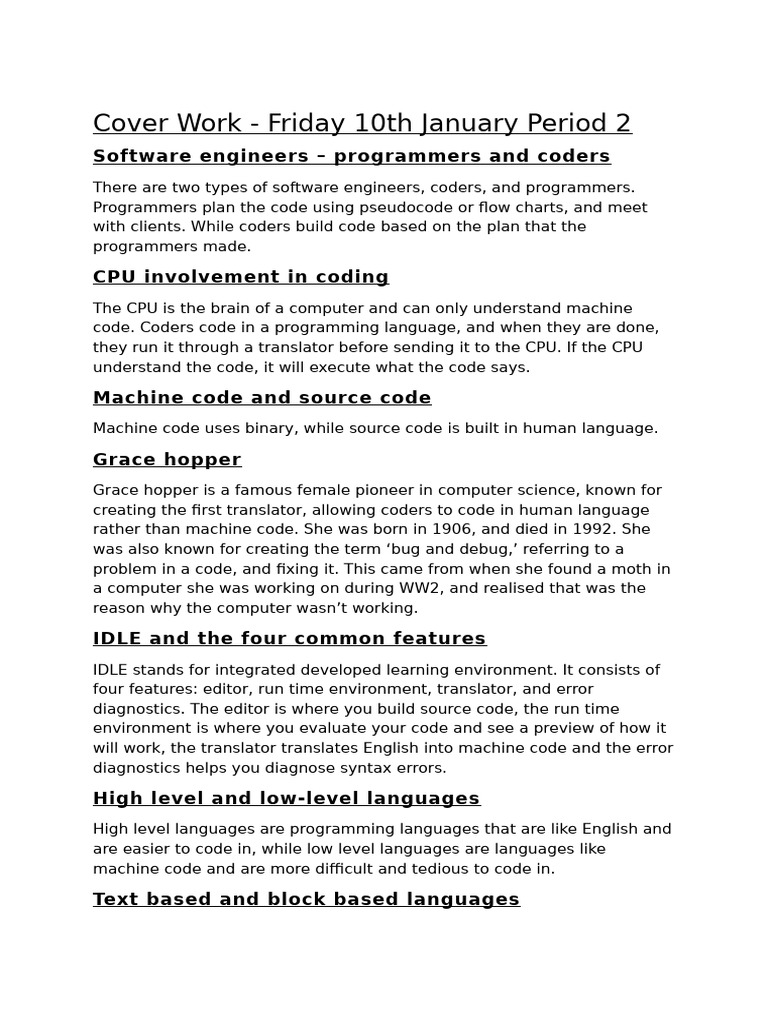 Cover Work - Friday 10th January Period 2 | PDF | Programmer | Computer ...